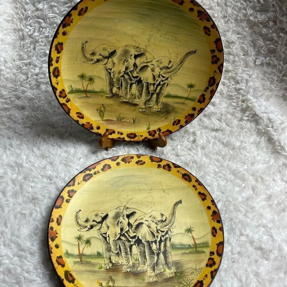 Pair of Stone wear large decorative pale yellow plates elephants & animal prints